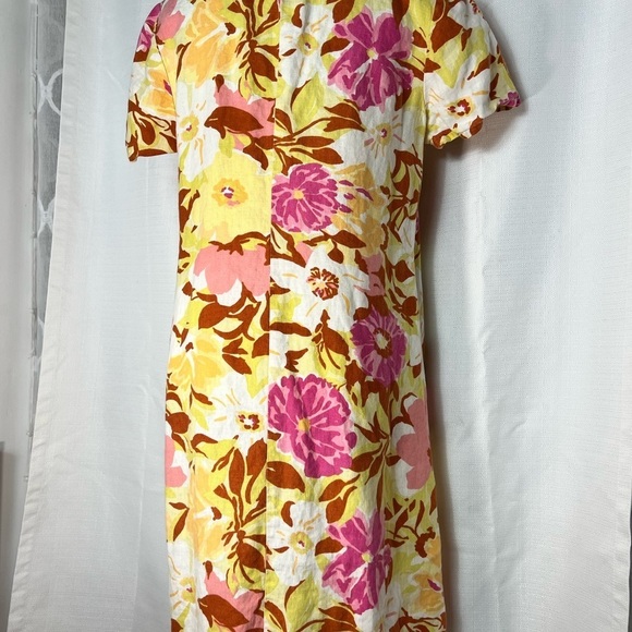 VINTAGE LOOK 100% LINEN HOT COTTON MARK WARE MED SHIFT DRESS PINK YELLOW FLORAL - Picture 2 of 8